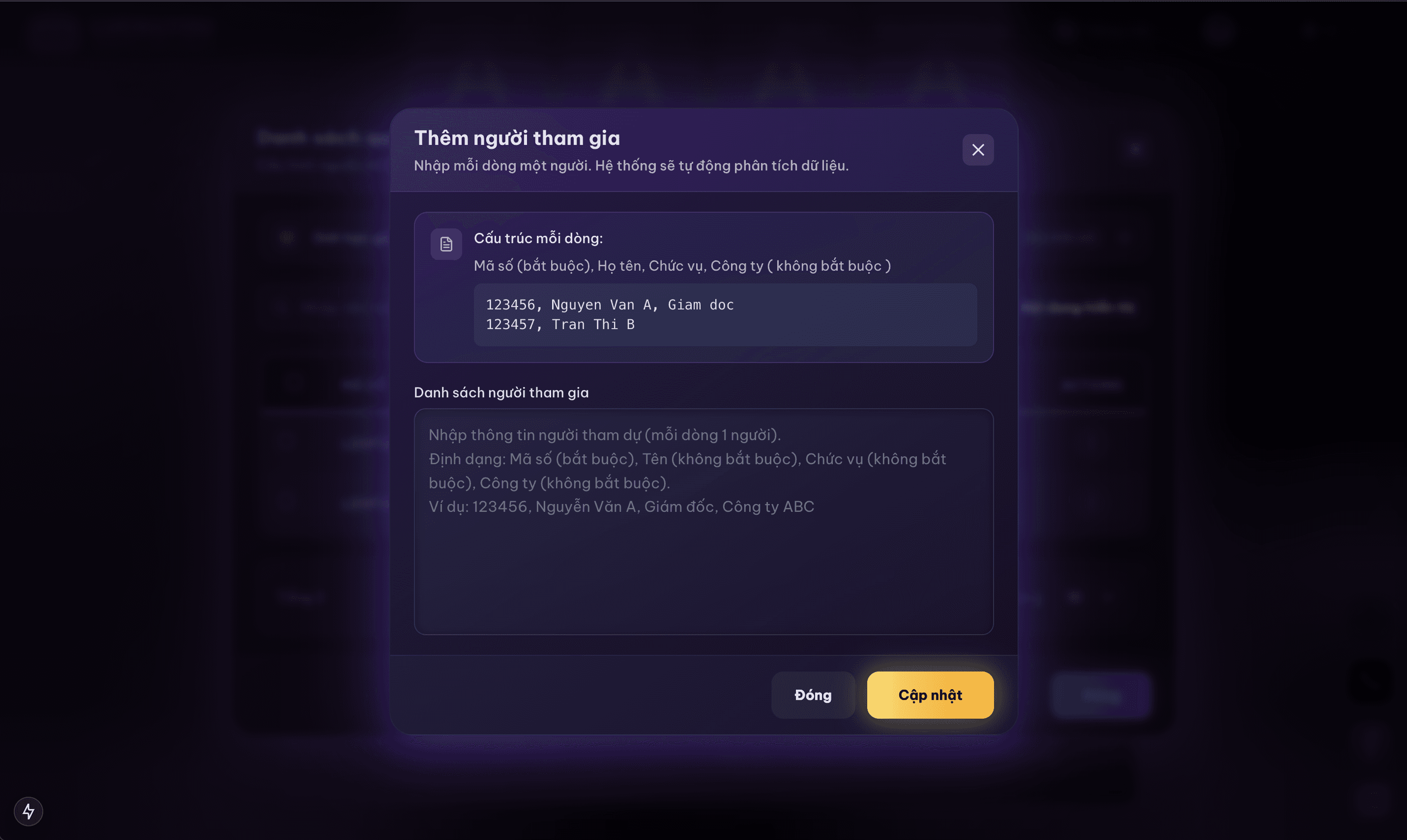 Modal "Tạo nhanh" với text input - Nhập danh sách người tham gia