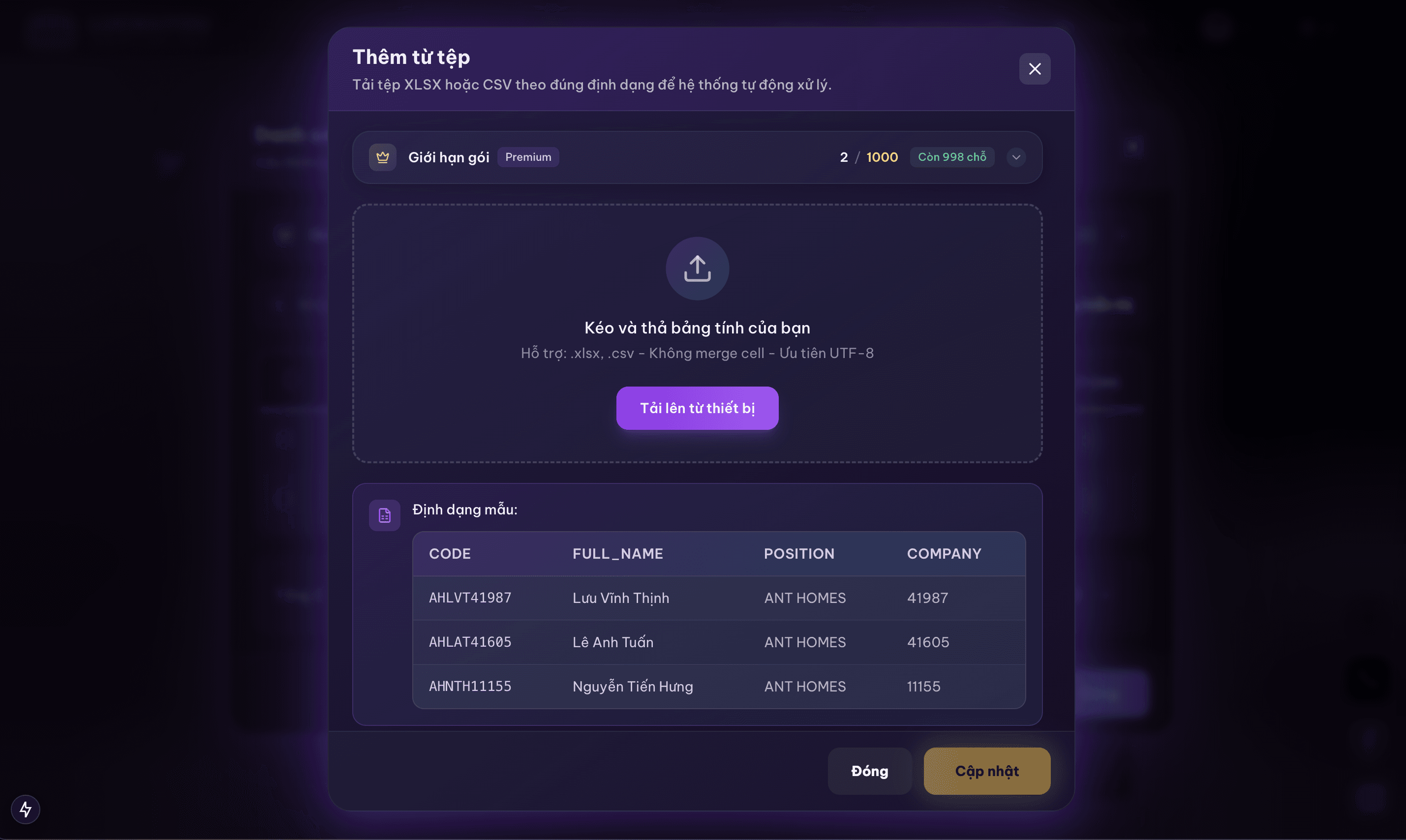 Modal "Thêm từ tệp" - Kéo thả file Excel/CSV để upload