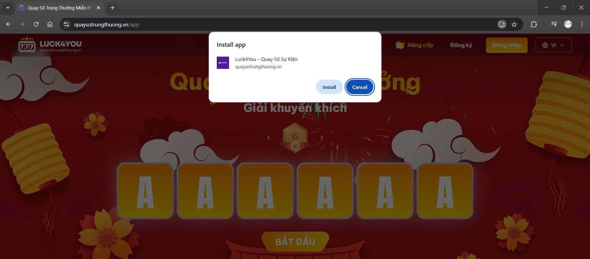 Popup "Install app" với nút Install