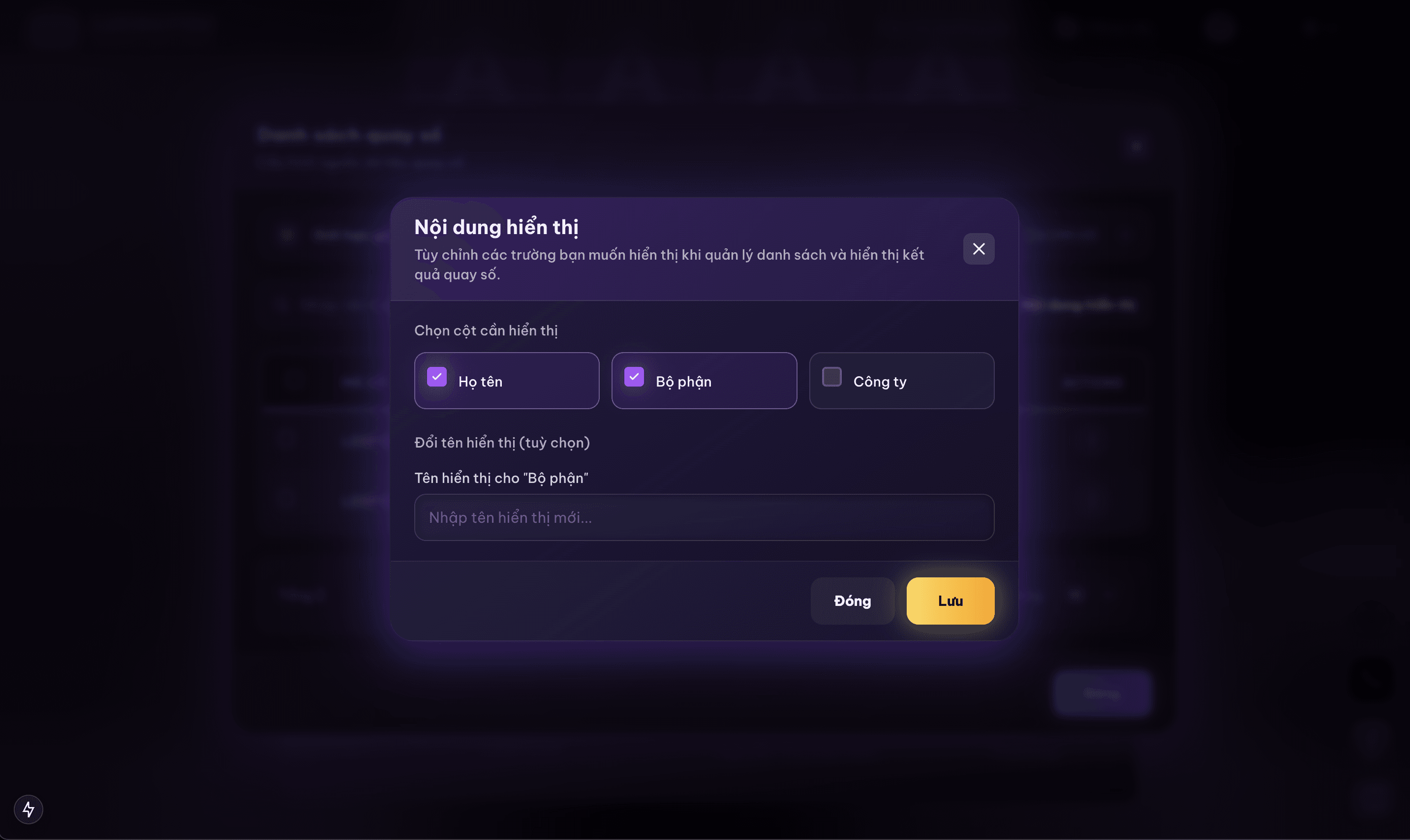 Modal "Tùy chỉnh nội dung hiển thị" - Chọn các trường để hiển thị