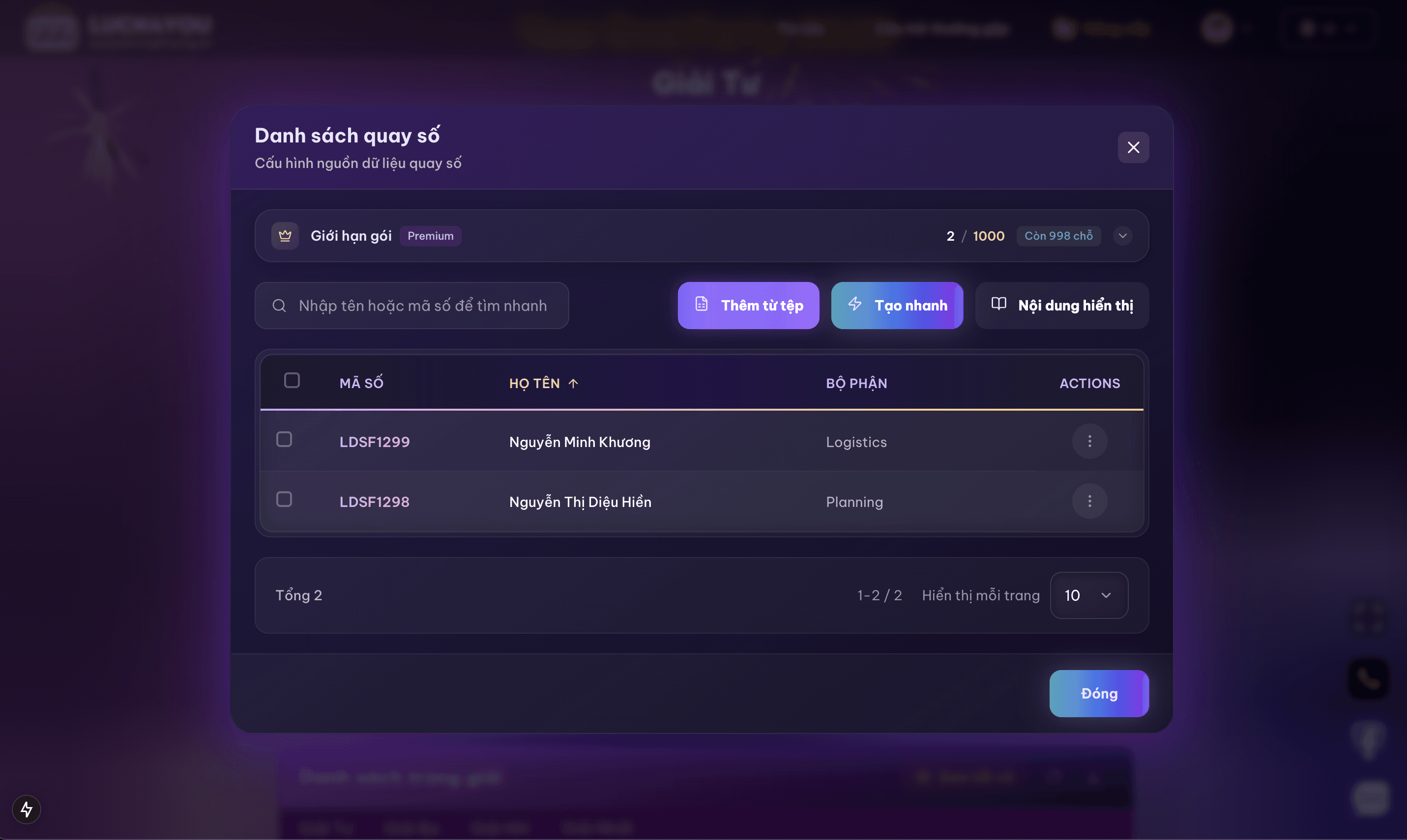 Modal "Danh sách quay số" - Xem và quản lý người tham gia